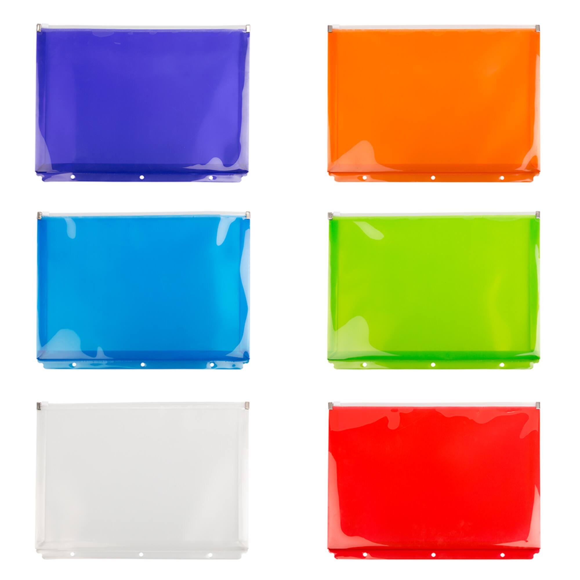 JAM Paper 9.75" x 13" Assorted Zip Closure 3-Hole Punch Plastic Envelopes, 6ct.